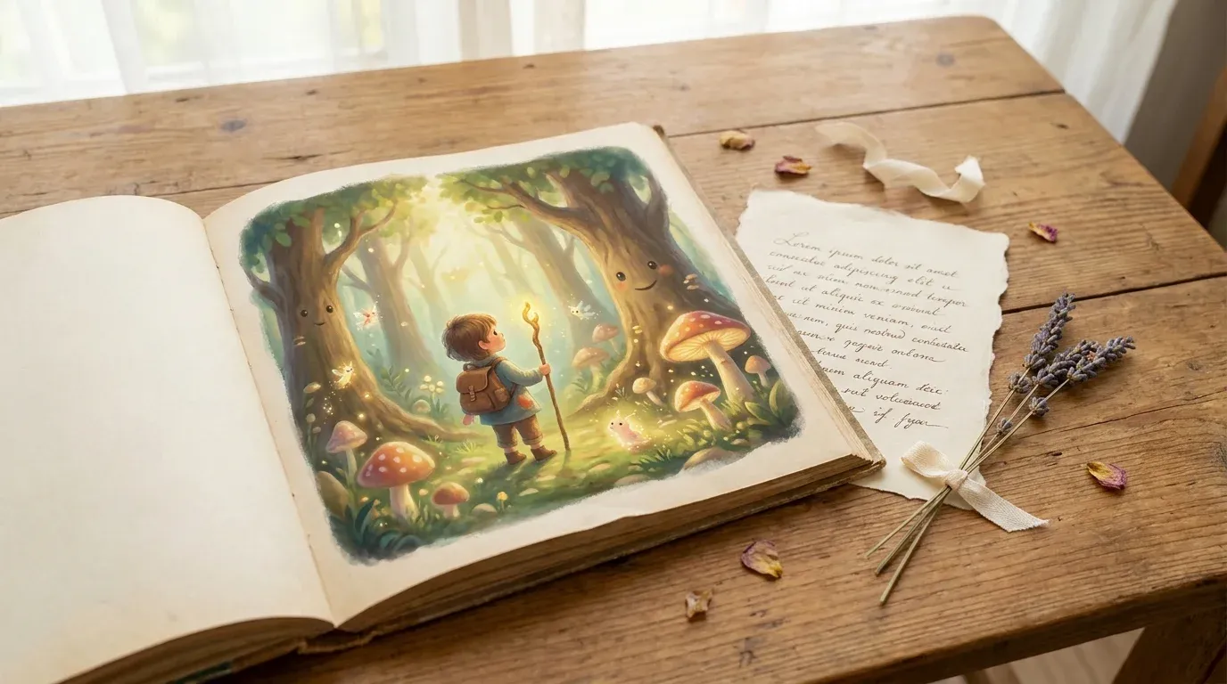 Personalized children's book open to an illustrated page beside a handwritten grandparent dedication note
