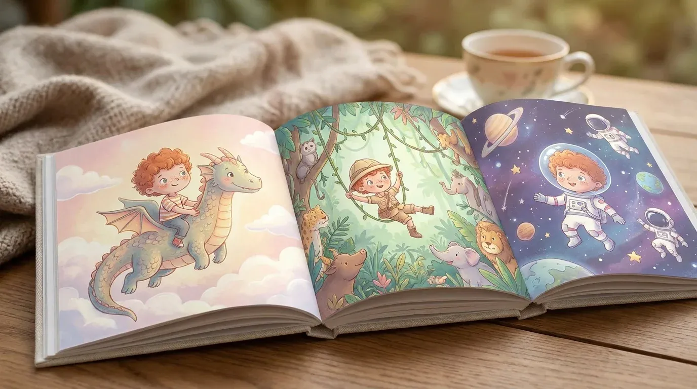 Personalized children's book pages each showing the same child's face in different adventure illustrations