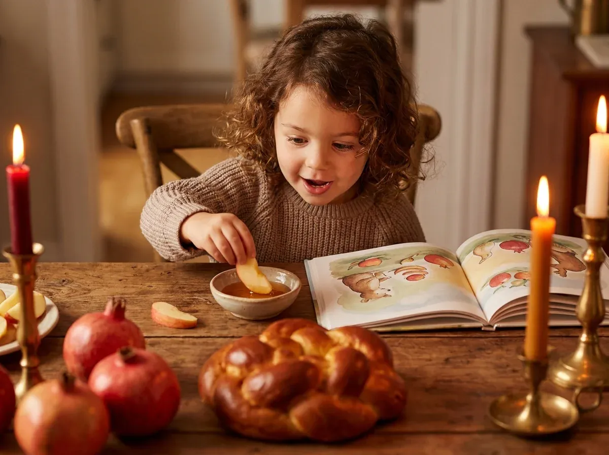 Preschooler dipping apple in honey at a Rosh Hashanah table with a children's storybook open nearby