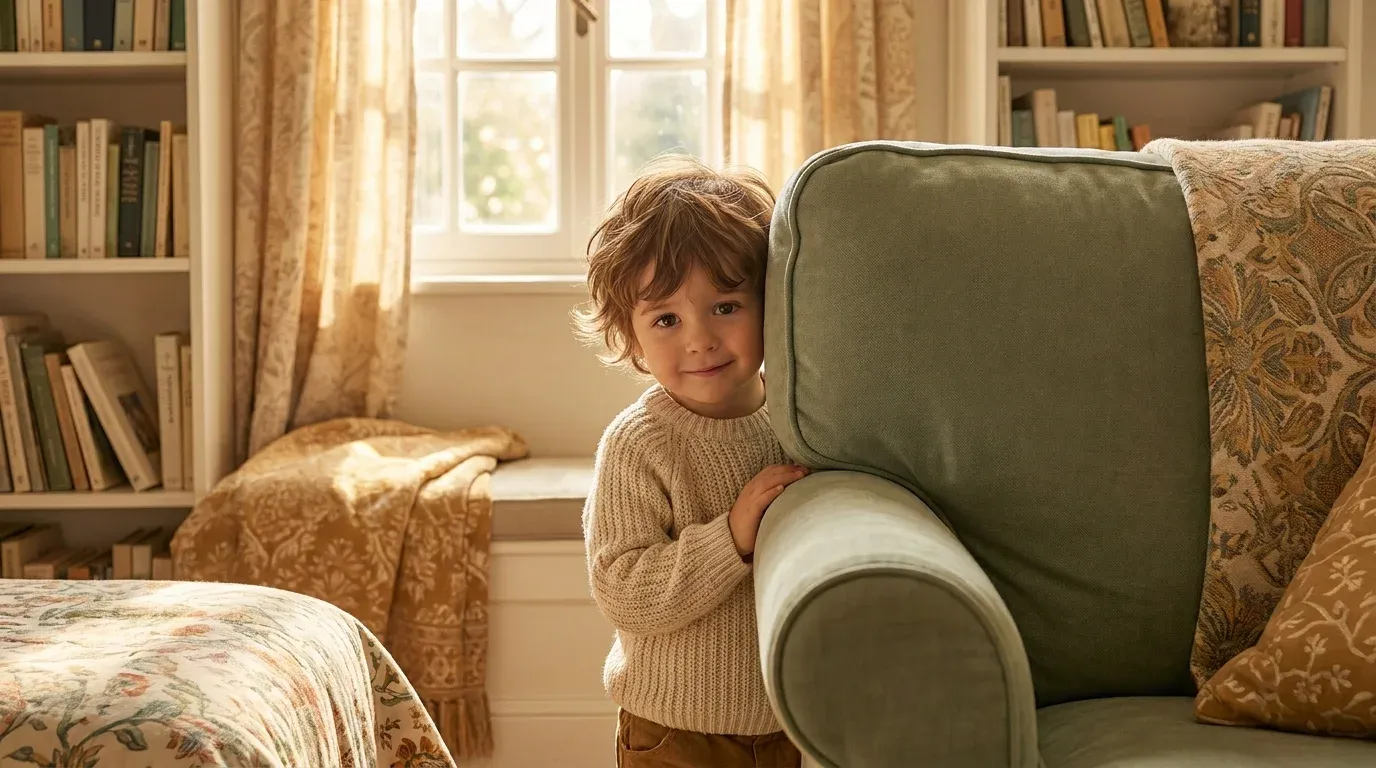 Shy child peeking from behind a chair with a gentle smile, soft warm home setting
