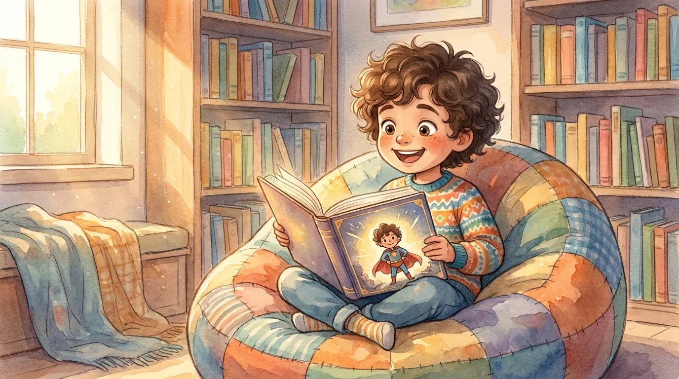 Six-year-old child reading a personalized storybook where they are the hero, sitting in a cozy reading nook