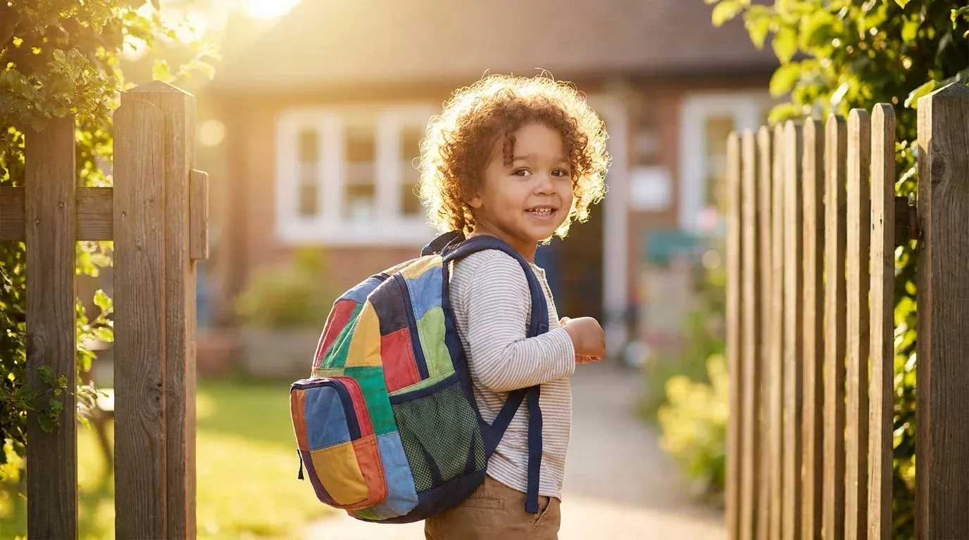 Smiling preschooler with backpack on first day of school, ready for a gift for child starting preschool