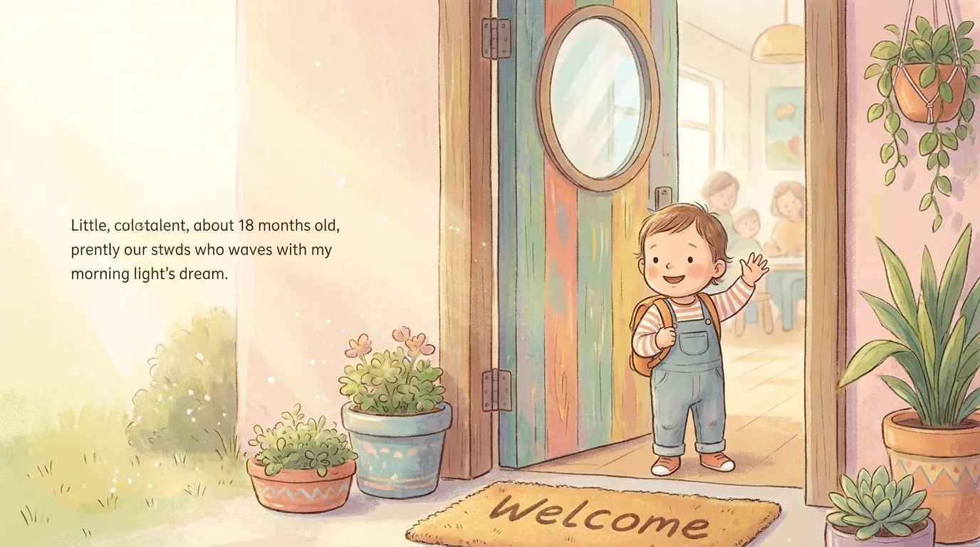 Smiling toddler waving at a colorful daycare door on their first day, wearing a small backpack
