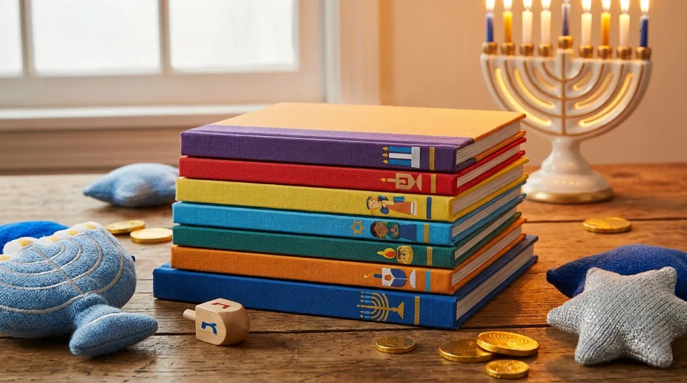 Stack of Hanukkah books for kids with a menorah, dreidel, and gelt on a cozy wooden table