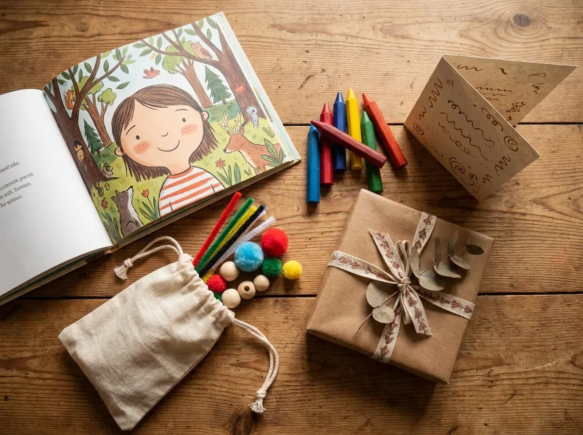 Thoughtful gifts for kids under 30 dollars arranged on a wooden table including a personalized storybook