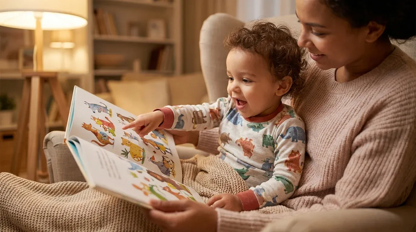 Toddler and parent reading a personalized storybook together at bedtime, child's face glowing with delight