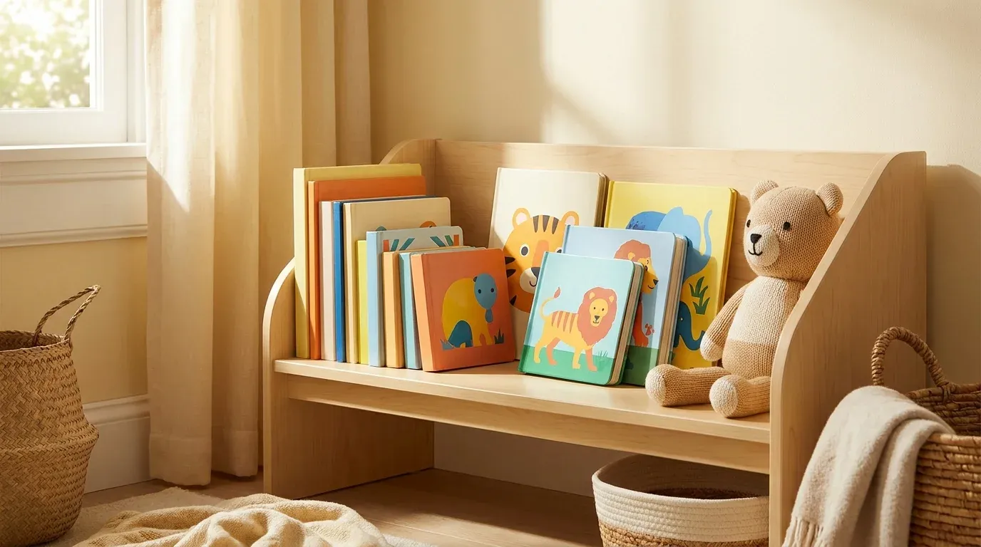 Toddler bookshelf with a small curated collection of colorful board books in a cozy kids bedroom