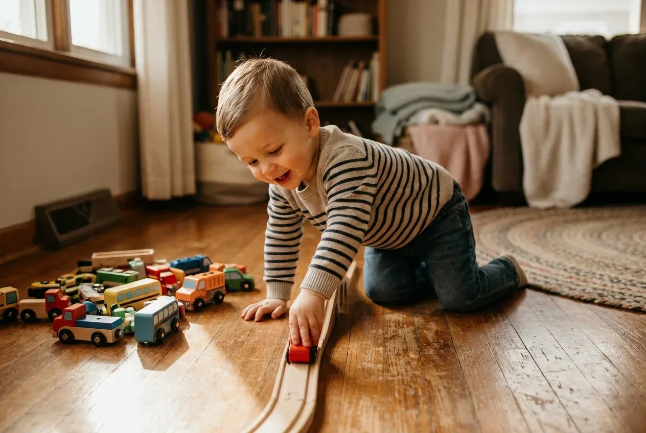 Toddler boy playing with toy cars and trucks on the floor — gifts for toddlers who love cars