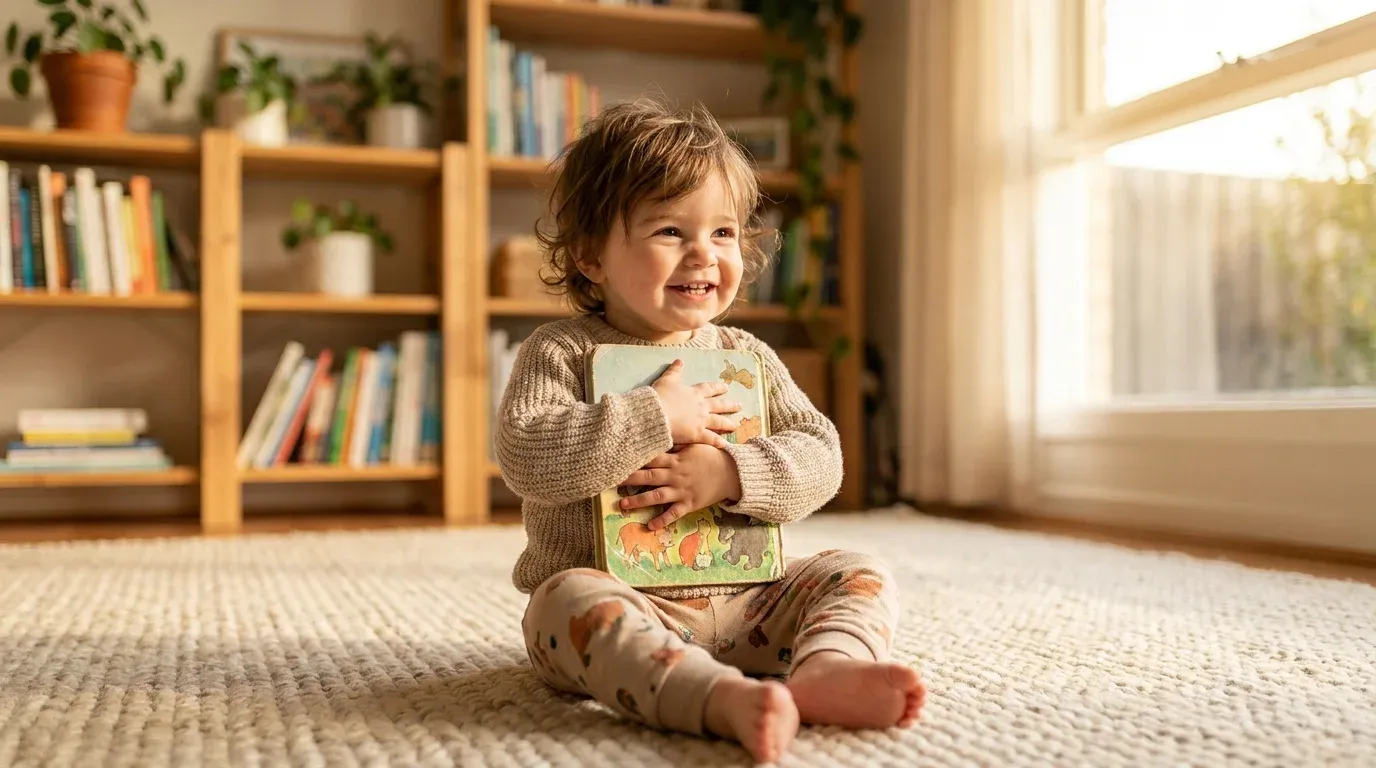 Toddler holding a favorite picture book with a big smile, warm cozy living room setting
