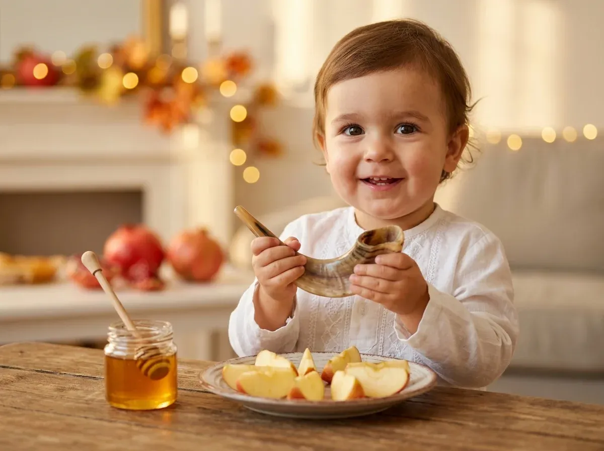 Toddler holding a shofar at a Rosh Hashanah table with apple slices and honey