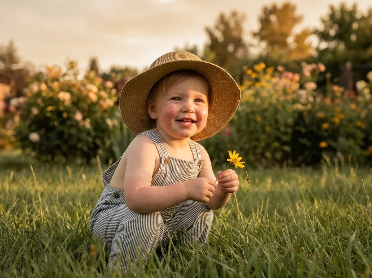 Toddler playing outside in the backyard on a golden late-summer afternoon