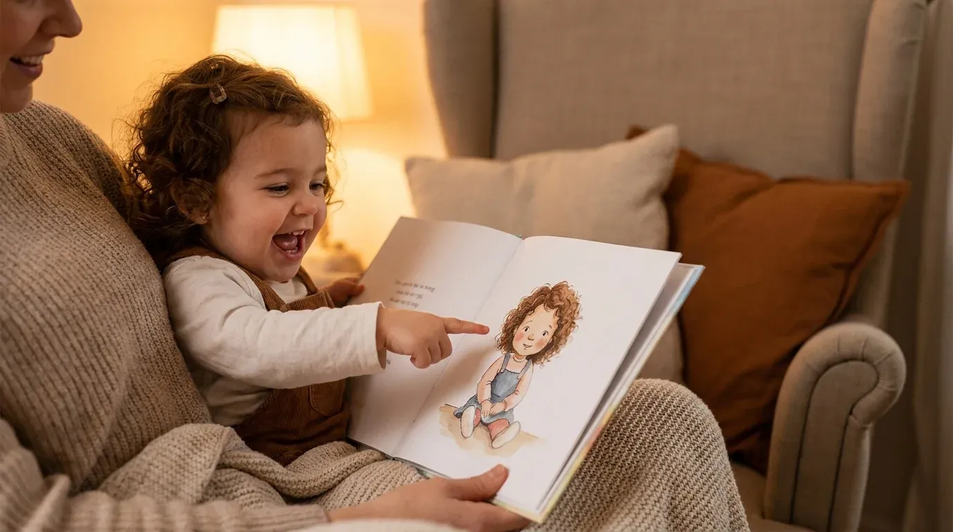 Toddler recognizing her own face in a personalized illustrated storybook — the one gift toddlers that have everything can't already own