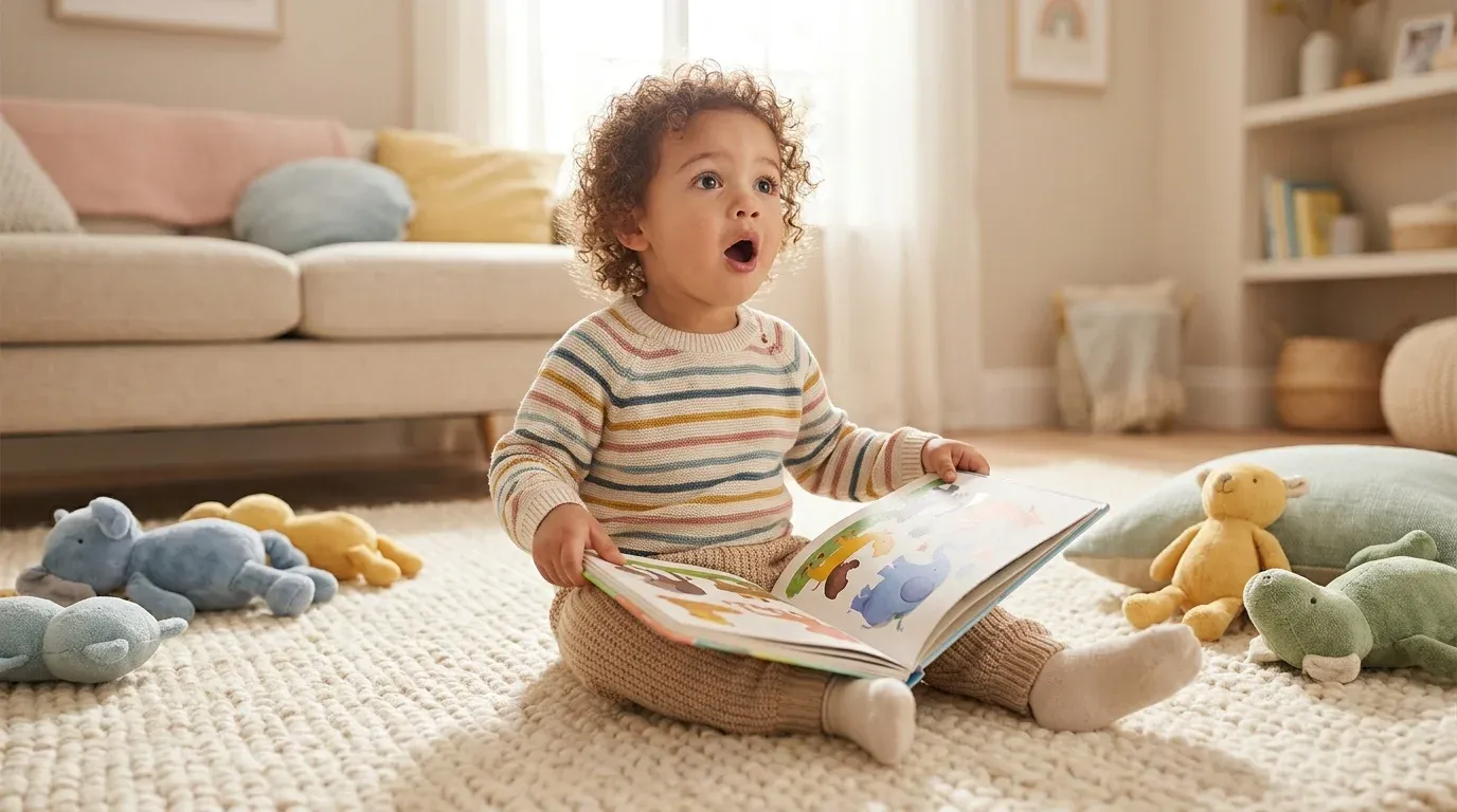 Toddler with big emotions holding an open picture book on a cozy rug