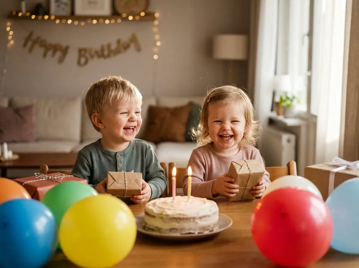 Twin children laughing at their birthday party, each holding their own gift — celebrating individually together