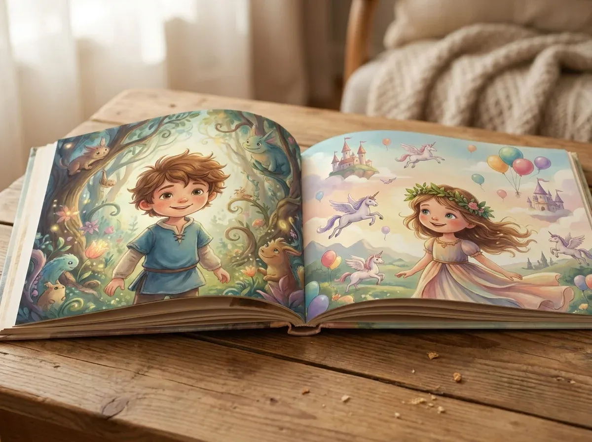 Two personalized storybooks for twins, each featuring a different child's face as the main character in a magical adventure
