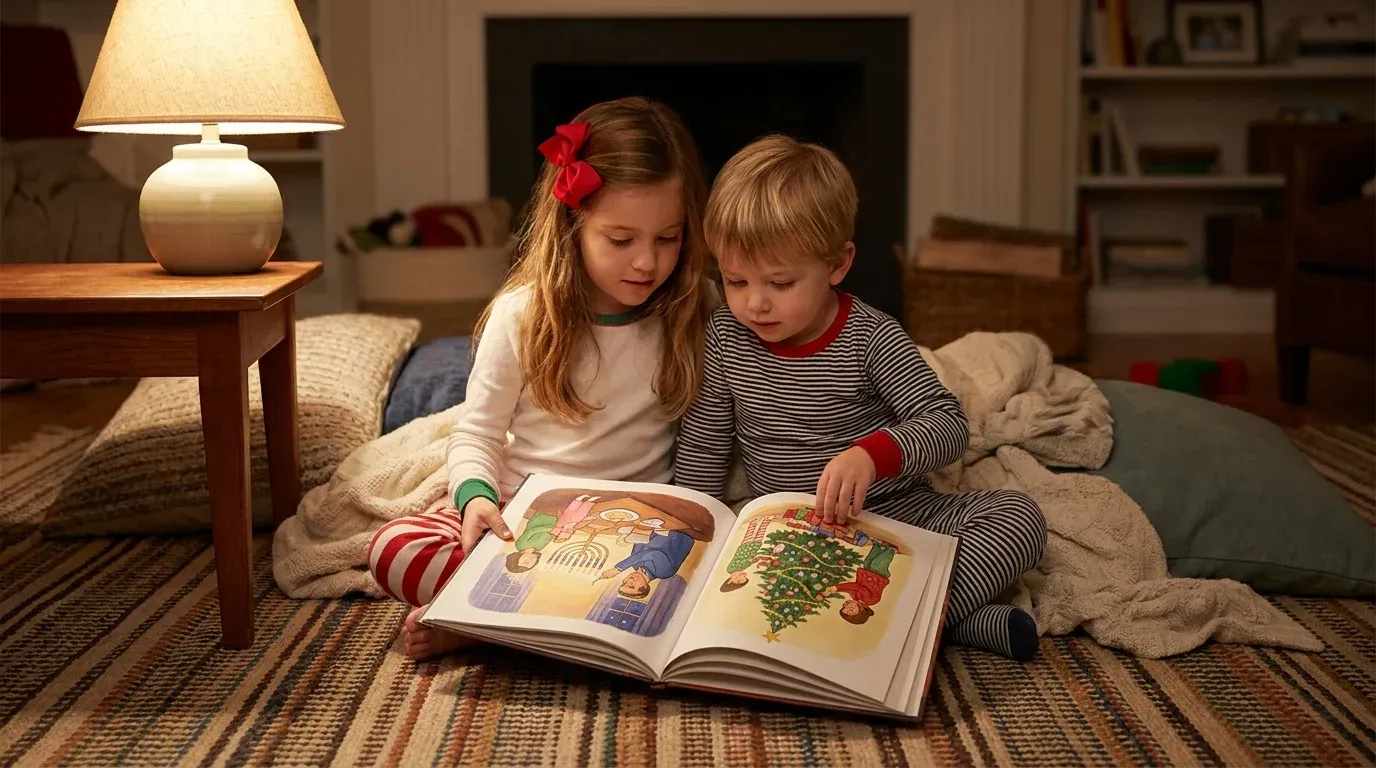 Two young children reading a personalized storybook featuring both Hanukkah and Christmas family traditions