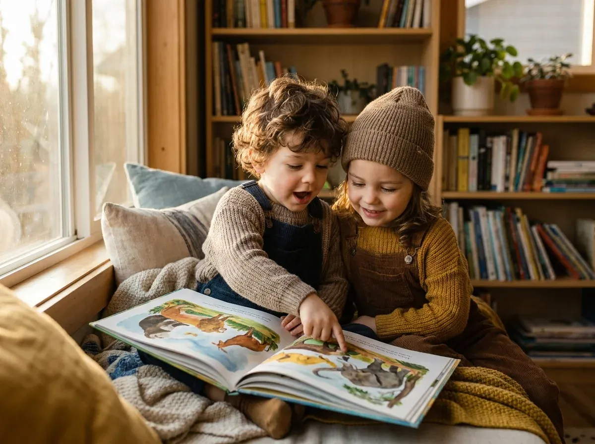 Two young children sharing a colorful picture book together, building empathy through reading