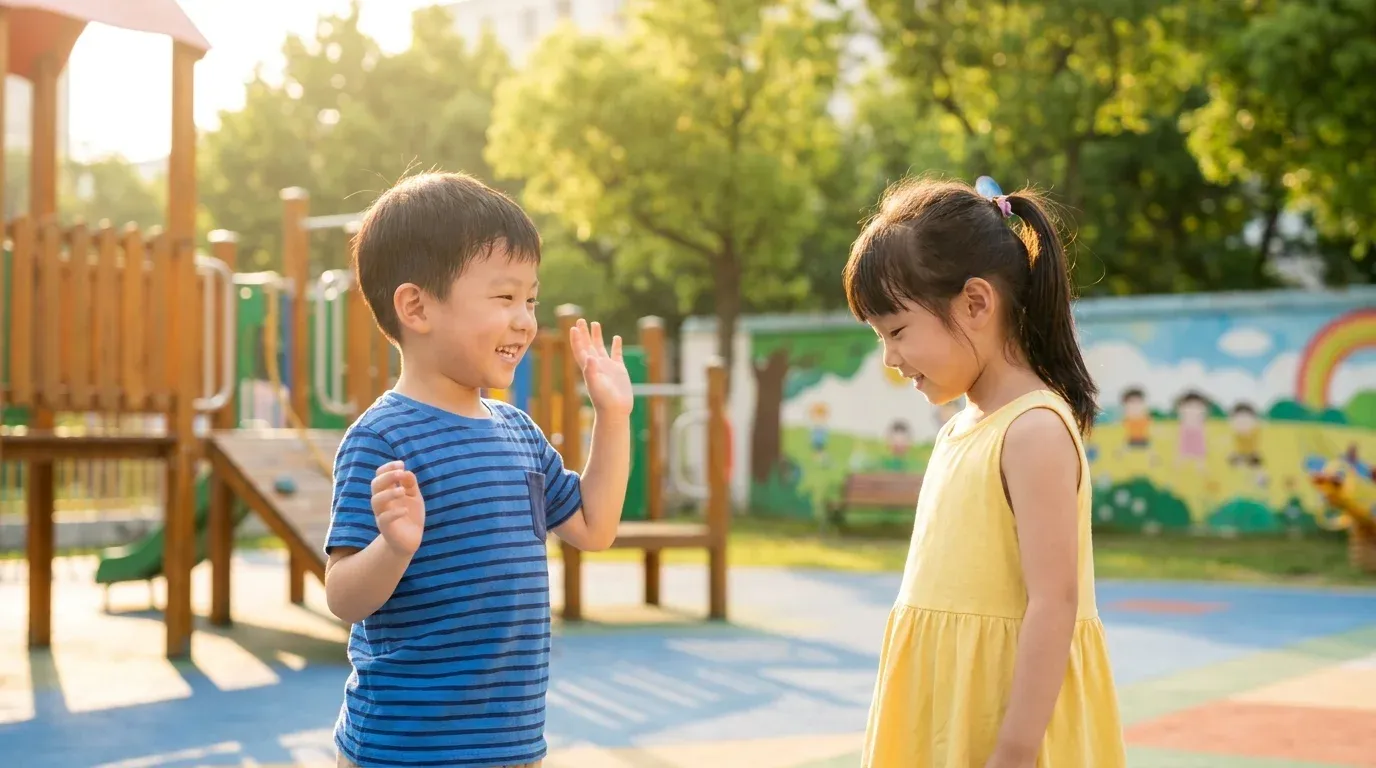 Two young children smiling and meeting each other on a sunny school playground — helping child make friends at new school