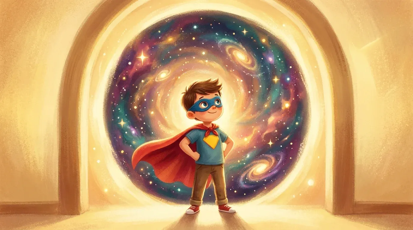 Young boy superhero in a personalized storybook illustration surrounded by stars and adventure