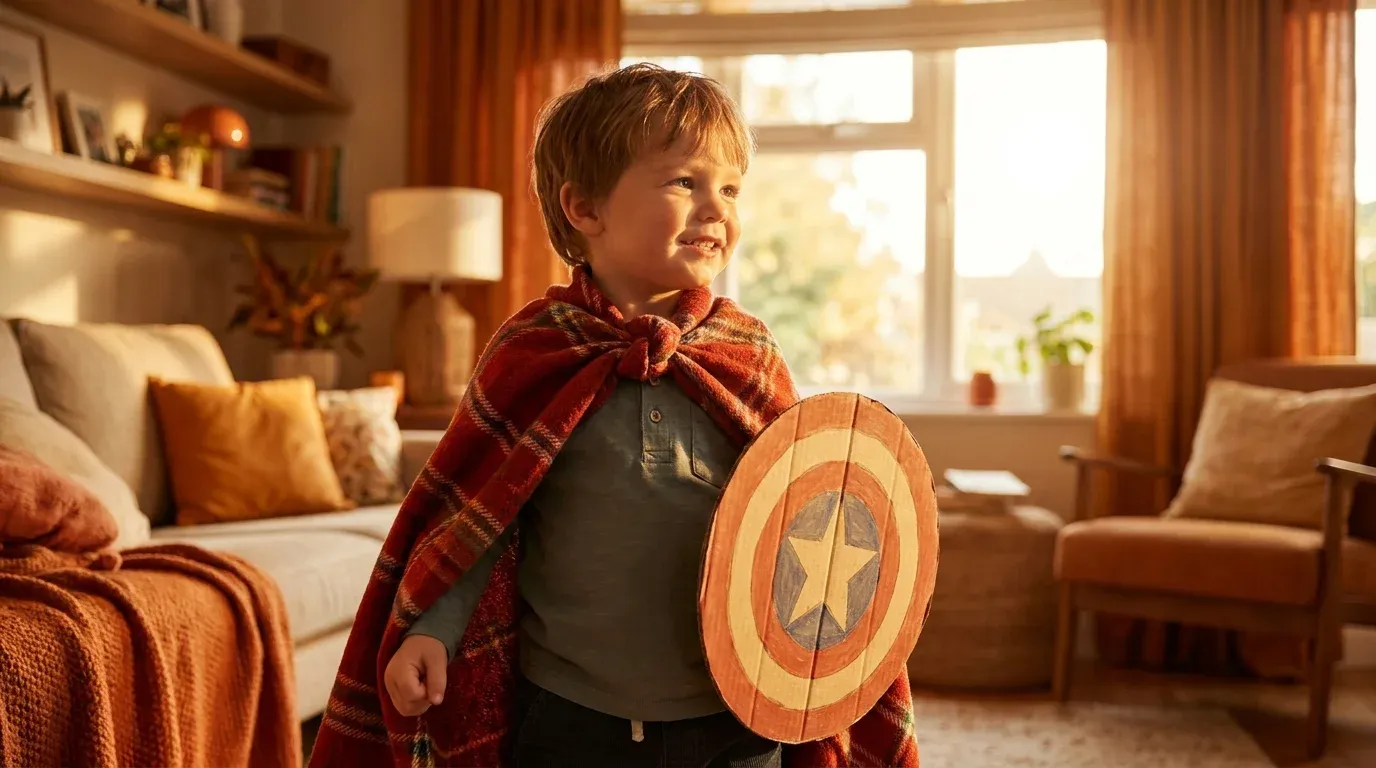 Young child dressed as a brave hero with cape and shield, smiling confidently — stories to help kids be brave