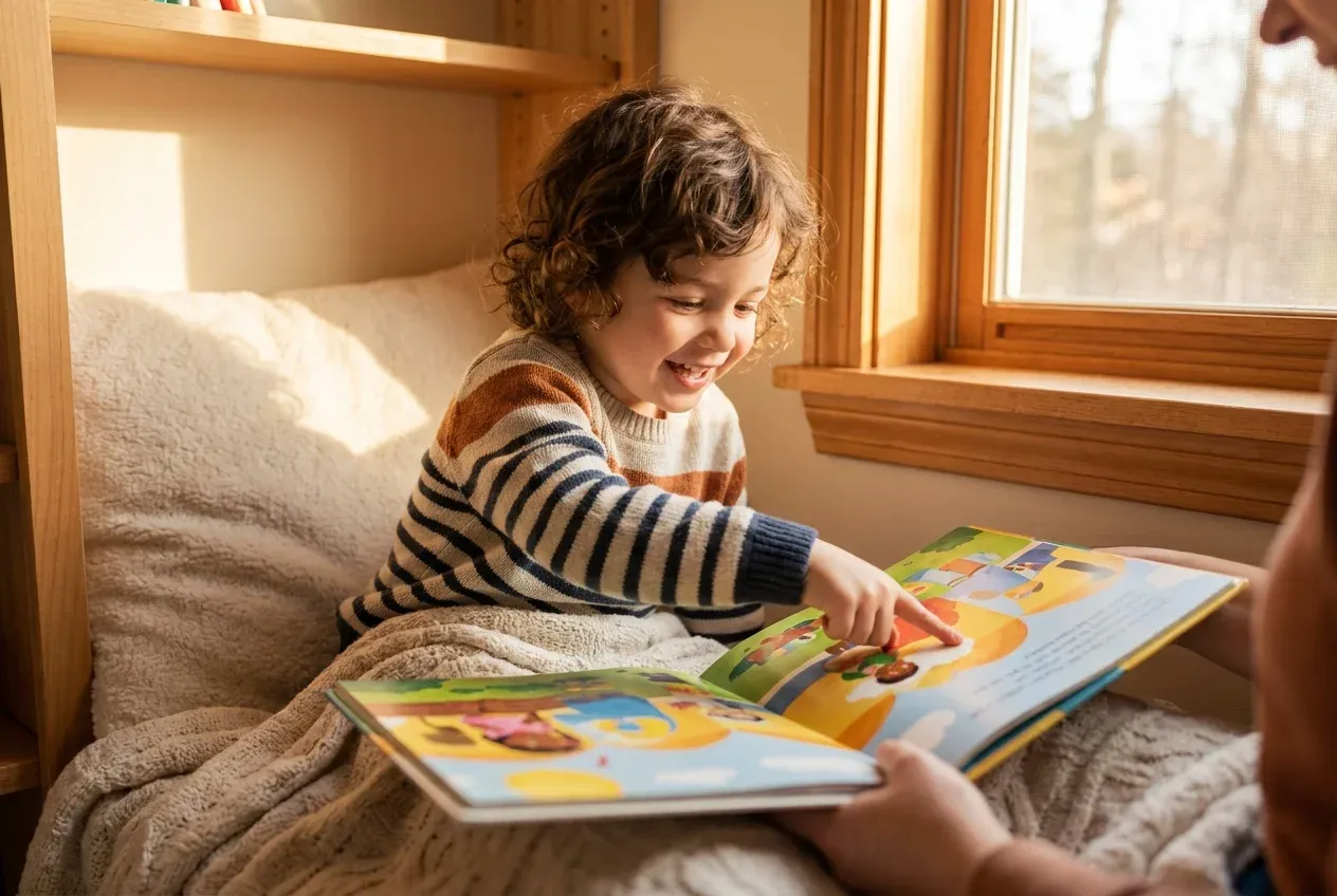 Young child pointing at their name in a personalized picture book, sitting in a cozy reading nook