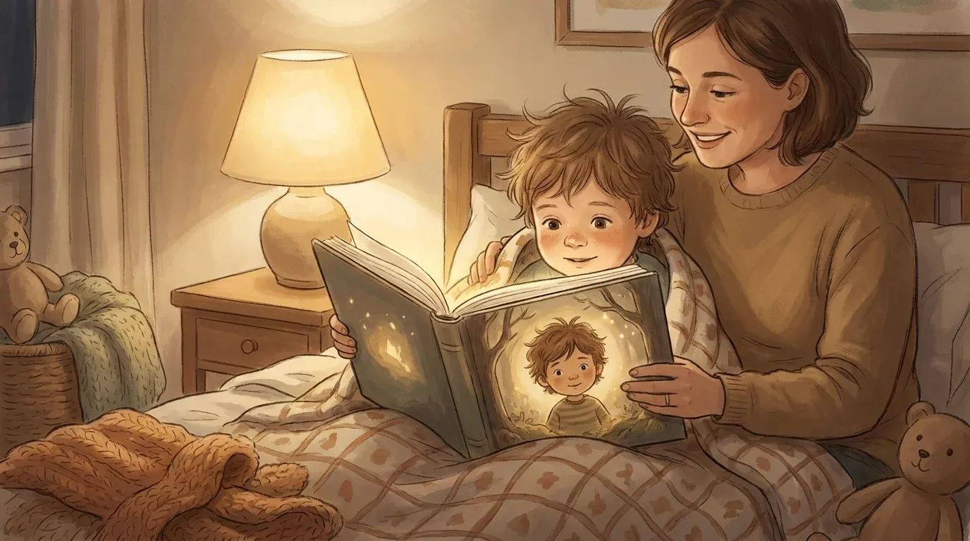 Young child reading a personalized storybook at bedtime where the hero looks just like them