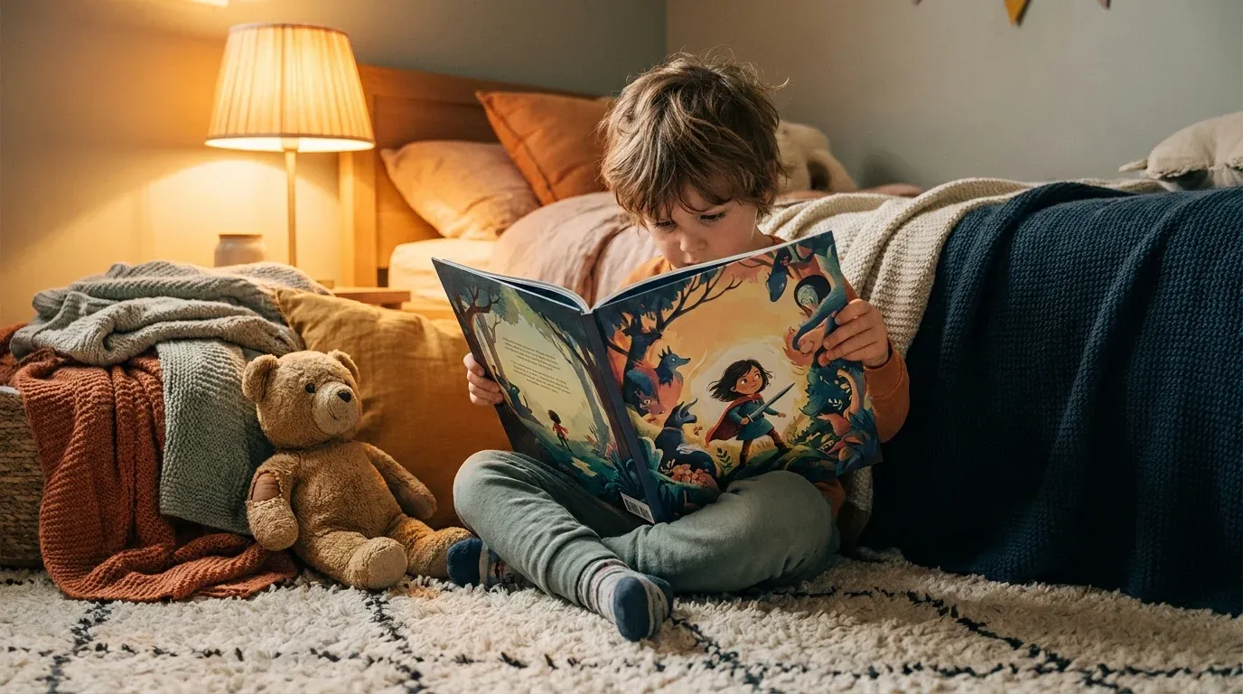 Young child reading a personalized storybook where they are the hero of the adventure