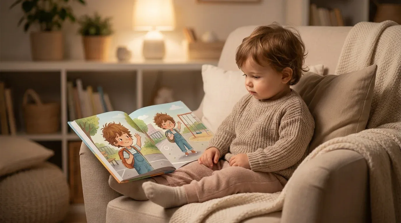 Young child reading a personalized storybook where they are the hero going to school for the first time