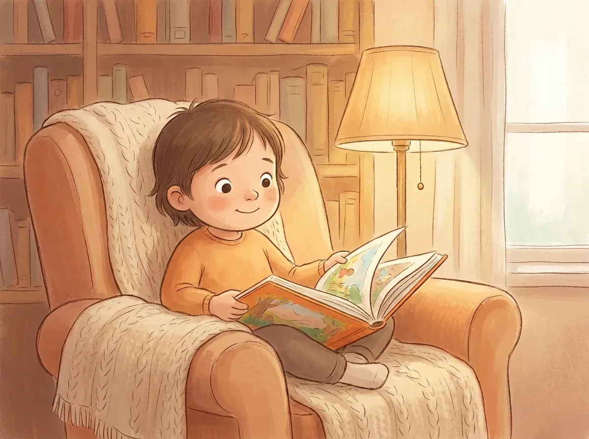Young child reading a picture book alone in a cozy nook, with a look of quiet wonder and confidence