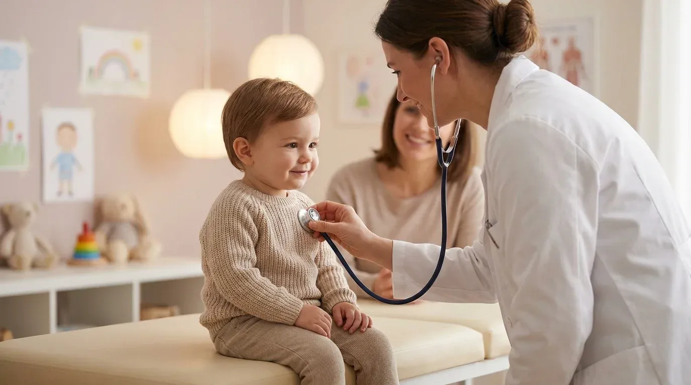 Young child sitting calmly at a doctor checkup, smiling at a friendly pediatrician with a stethoscope
