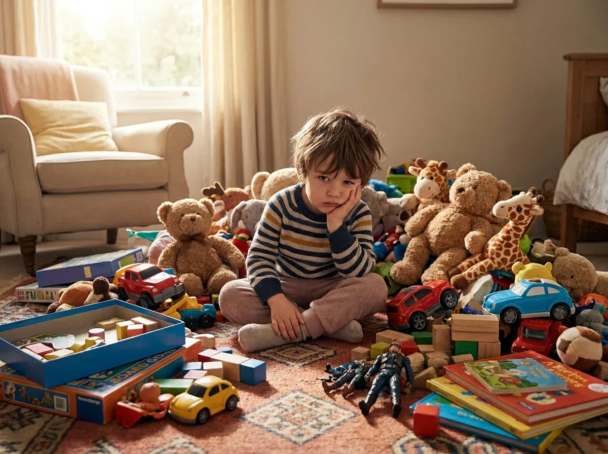 Young child surrounded by a pile of toys looking bored — the classic gift for kid who has everything dilemma