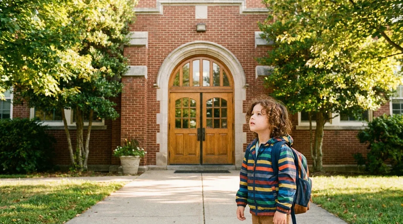Young child with backpack standing at the entrance of a new school building on a sunny morning