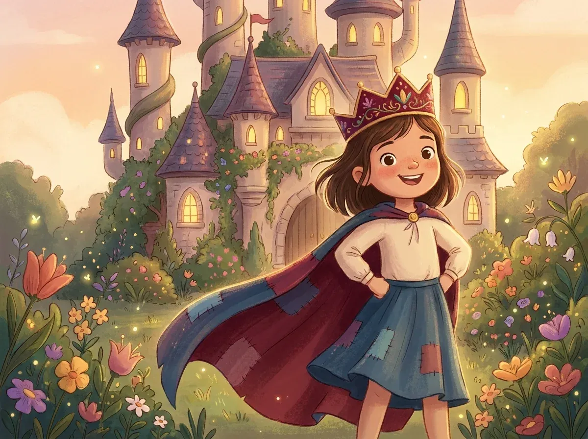 Young girl as princess hero standing before an enchanted fairy-tale castle in a personalized princess book